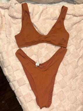 aerie Ribbed Scoop Bikini Top & High-Cut Bottom in Rust Orange